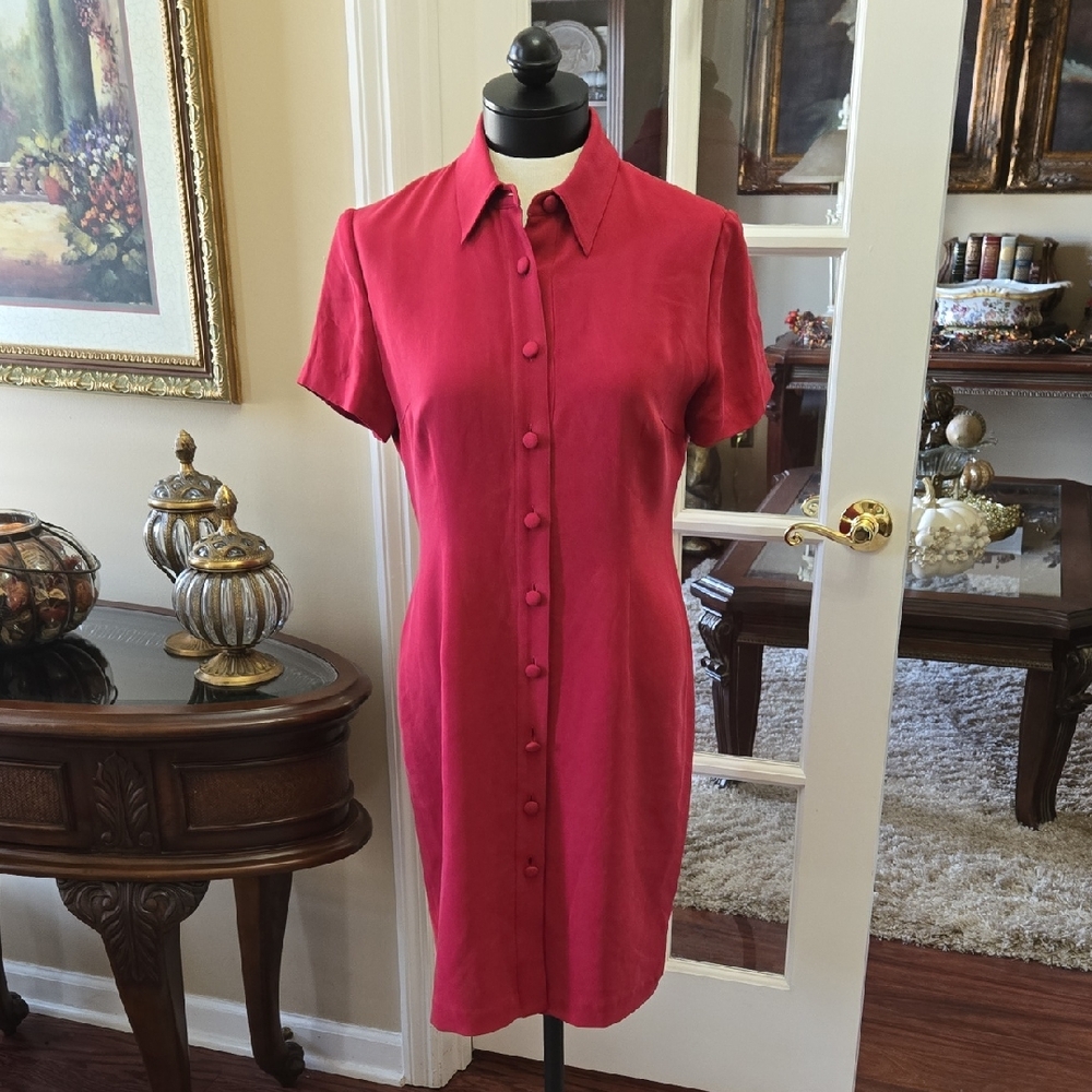Papell Petites 100% Silk Button-Up Midi Dress Rose Pink Short Sleeve Sz 10P EUC
